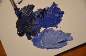 peinture à l'huile; 3 teintes de bleu